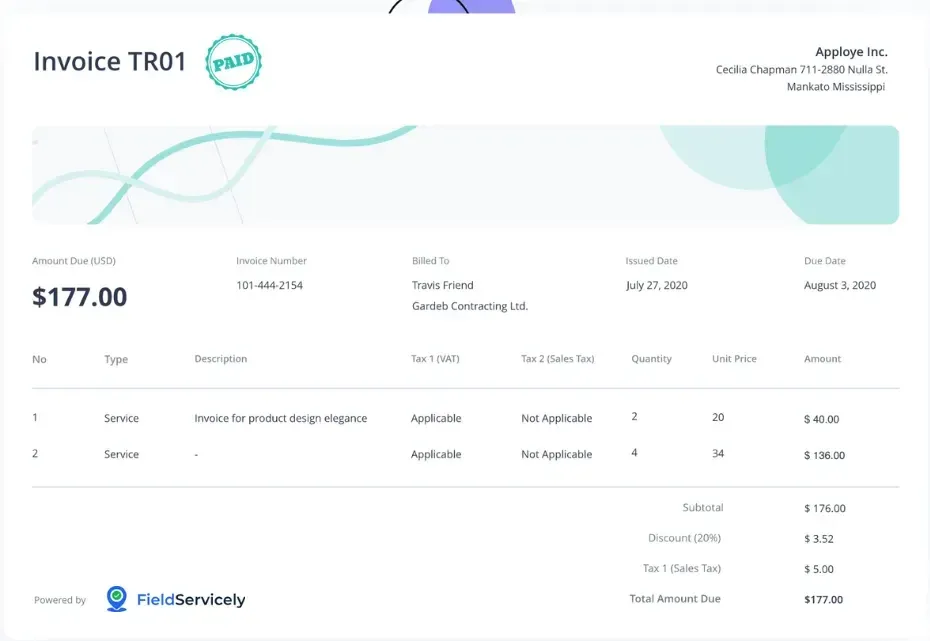 Paid invoice TR01 for $177, showing billing details, services, taxes, and total amount due.