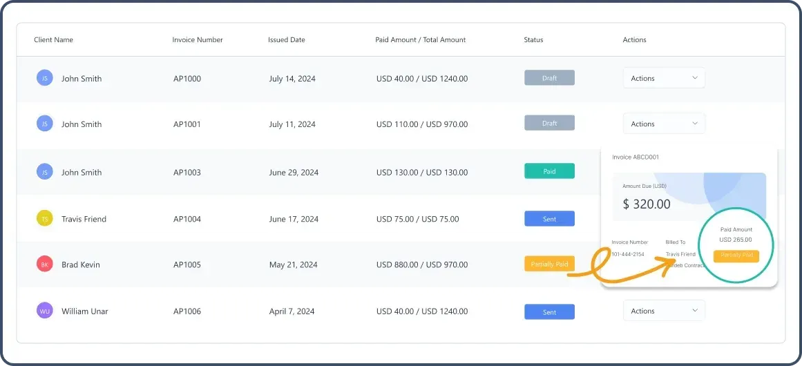 Status of the invoices inside FieldServicely web app that includes client name, invoice number, issued date, amount paid, status, and actions.
