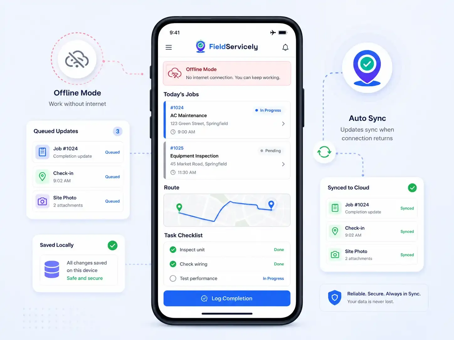 Mobile workforce app tracking jobs offline with no internet connection