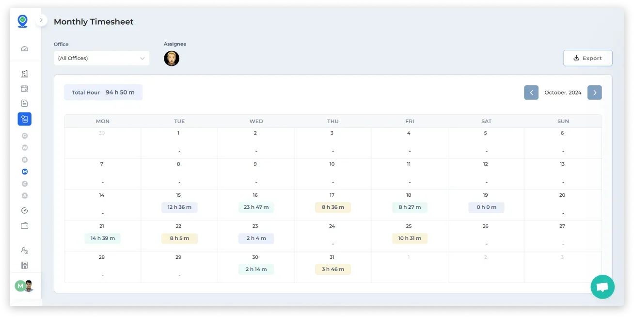 Monthly timesheet page showing the time tracked each day and for the whole month