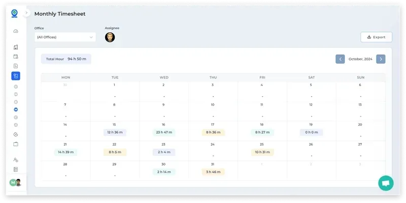 Monthly timesheet page with the time clock