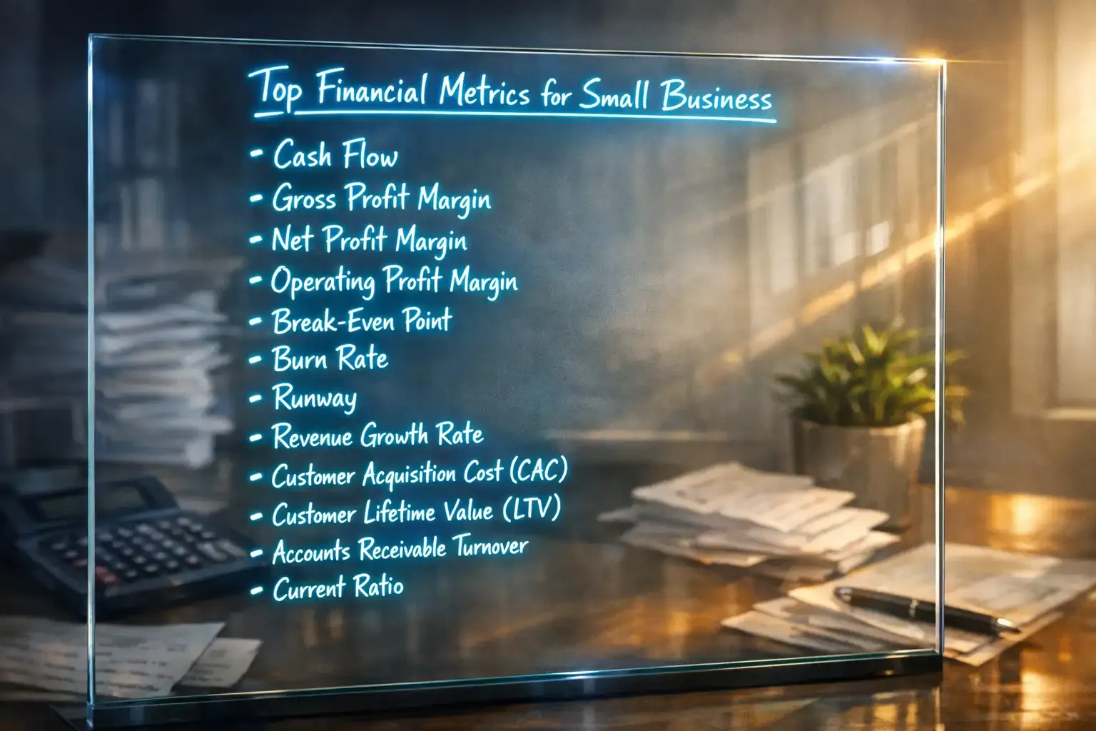 Glass board lists top financial metrics for small businesses in glowing ink today.