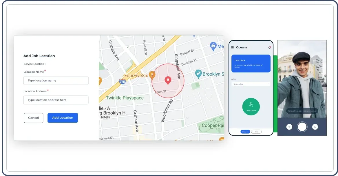 Field Service business software geofence attendance dashboard in both web and a mobile device along with a man taking a selfie.