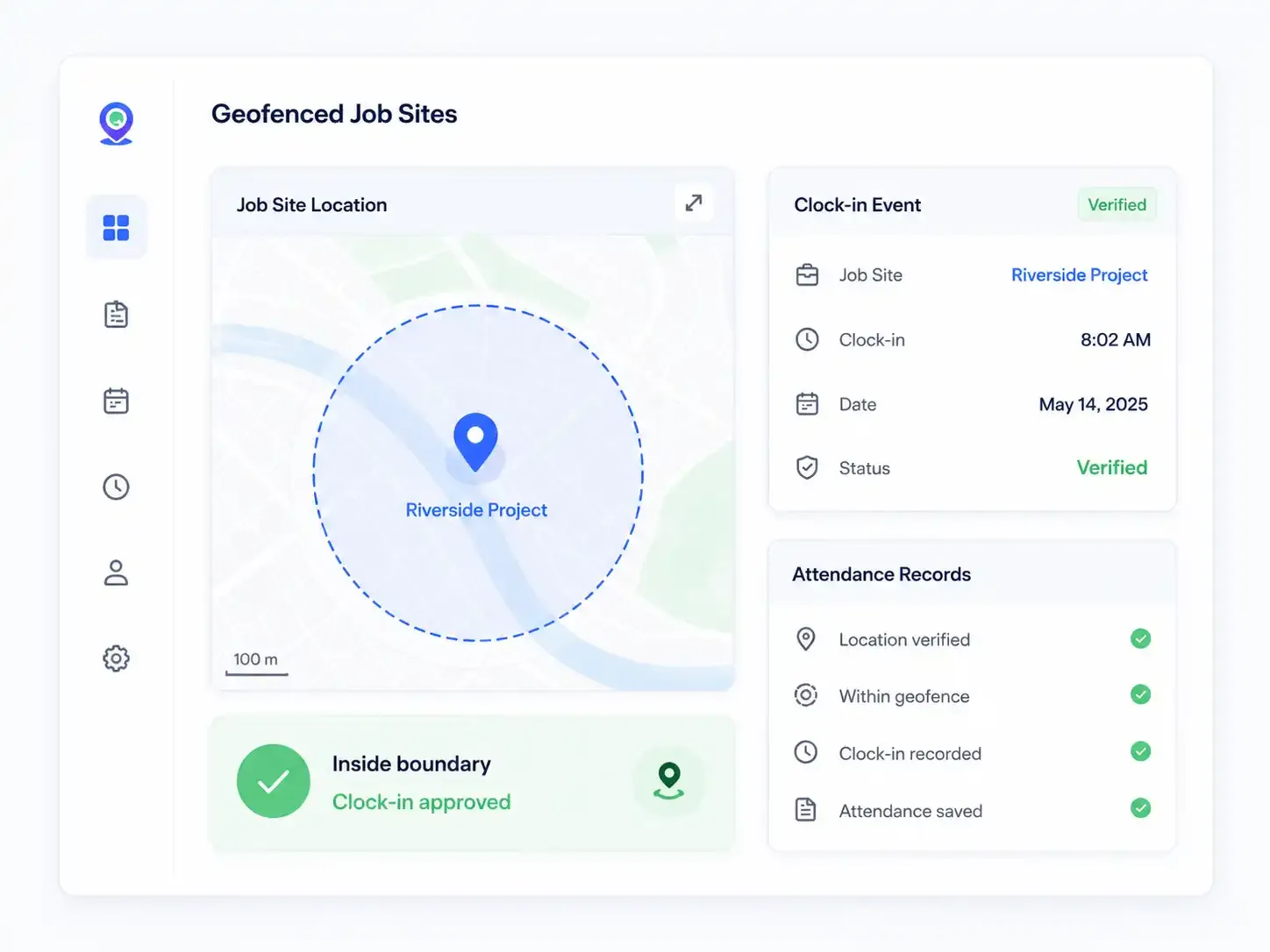 Geofenced job sites dashboard with verified clock-in