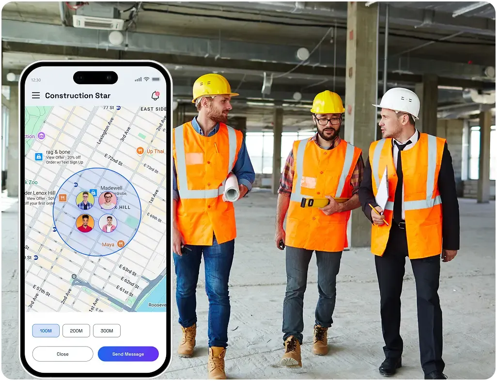 Construction workers using geofenced attendance and GPS tracking app on site
