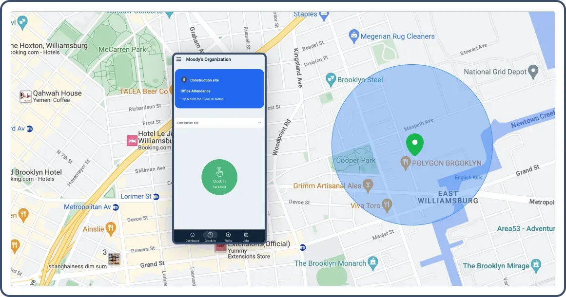 Map with a circle showing the geofenced area, and a mobile to clock in there.