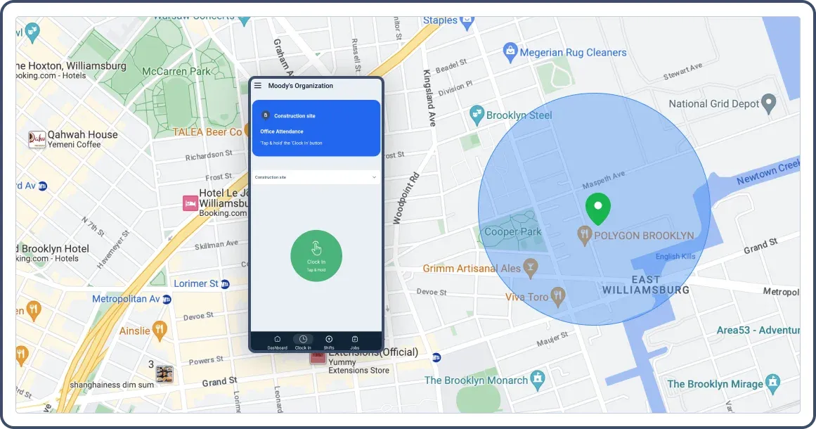 geofencing construction  locations of employees and a mobile app is shown.