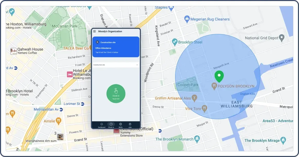 Map with a circle showing the geofenced area, and a mobile to clock in there.