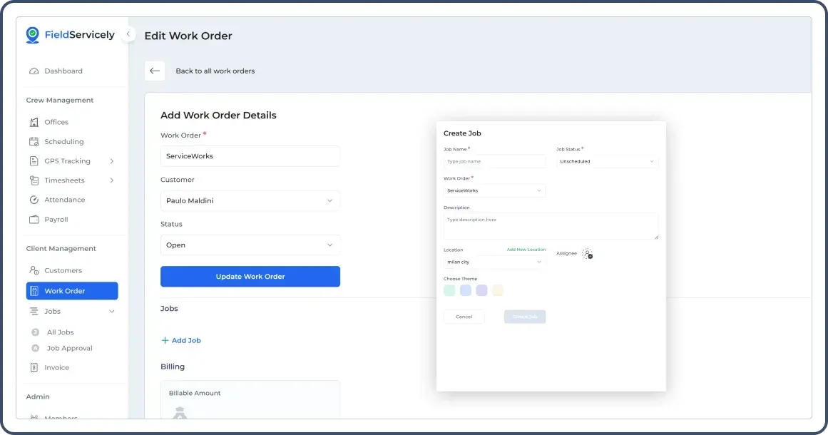 Adding a job with details with an work order inside FieldServicley web app for job scheduling