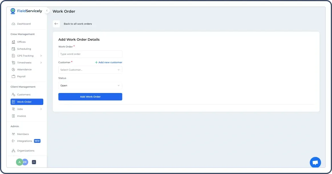 Creating a work order inside FieldServicely web app adding work order code, customer and status.