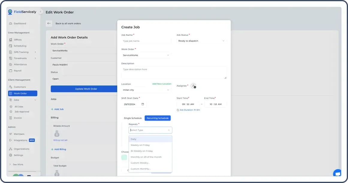 Recurring schedule setting inside FieldServicely for the jobs.
