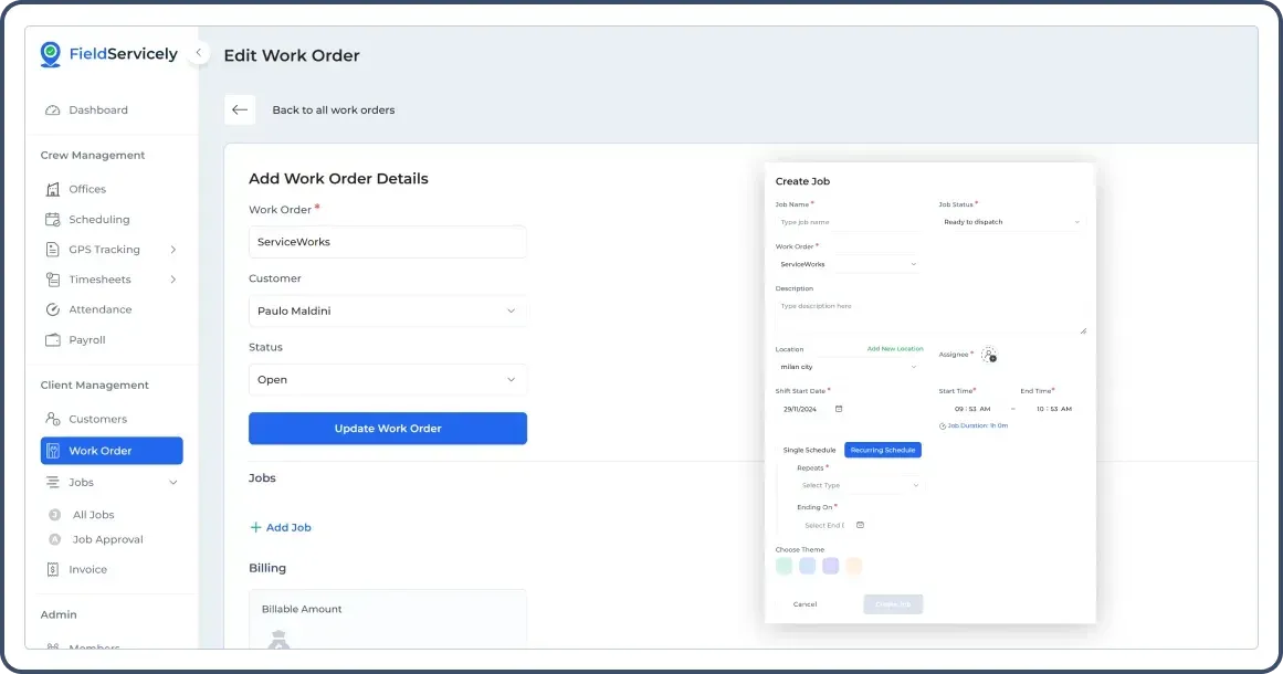 Recurring schedule setting inside FieldServicely for the electrician jobs.