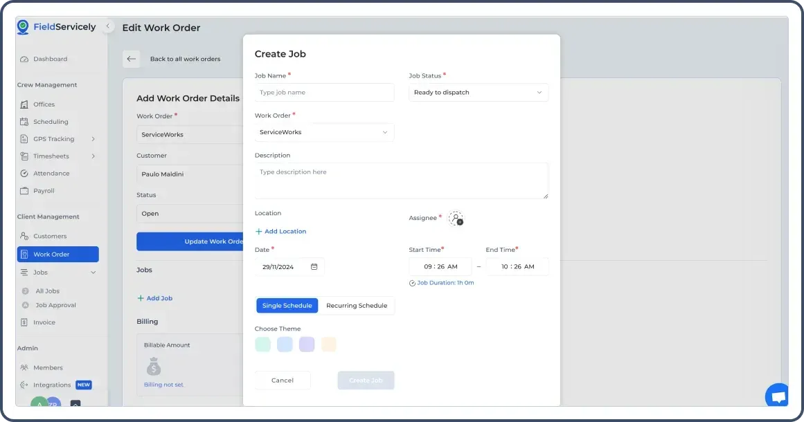 Adding shifts, assigning crews for scheduling a field service job for single schedules