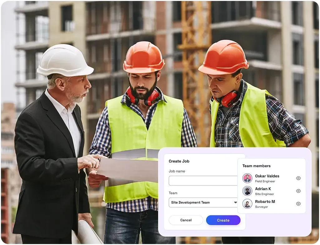 Construction job creation with team assignment panel
