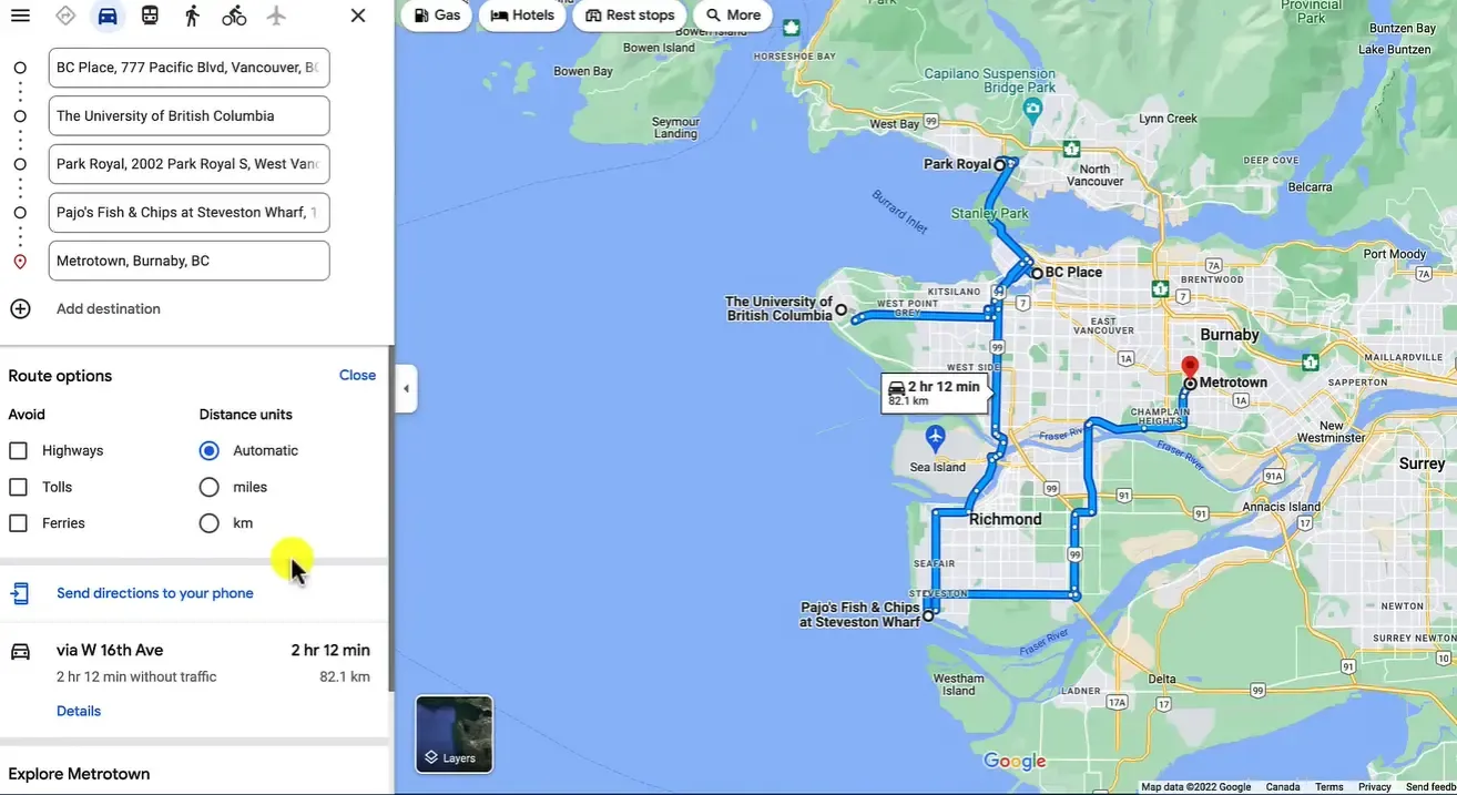 Google Maps with multiple destinations, route options panel, and Vancouver route map