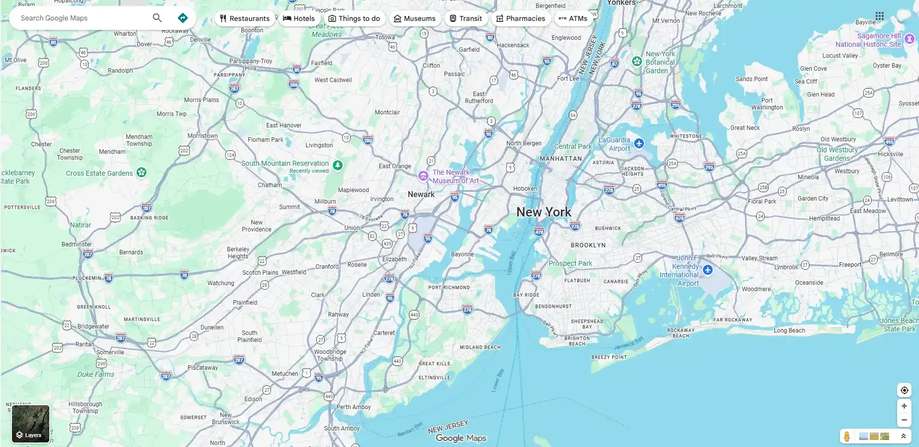 Google Maps view of New York City metro area with roads, airports and parks USA.