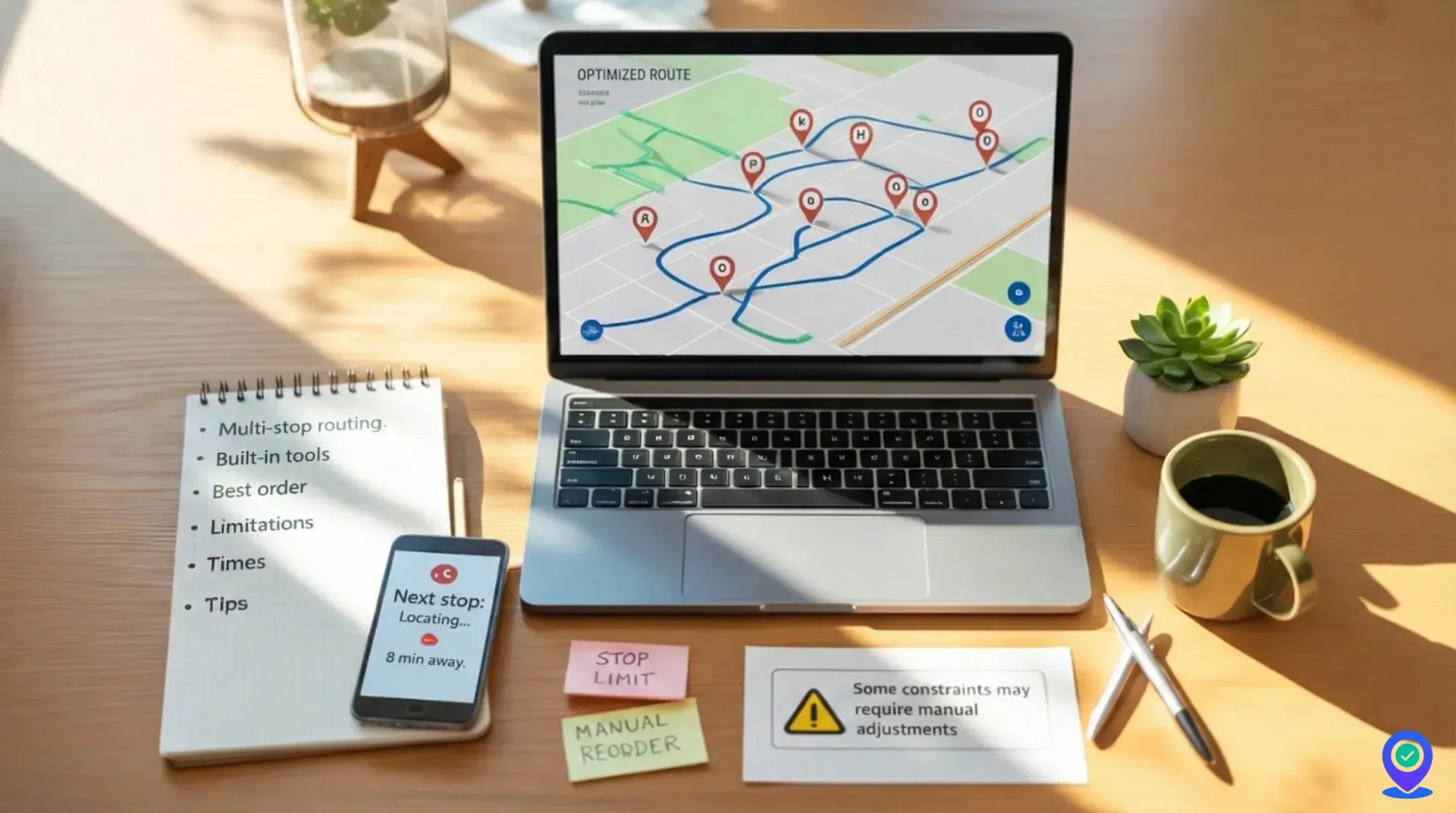 Laptop showing optimized route map with stops, notes, and phone ETA alert