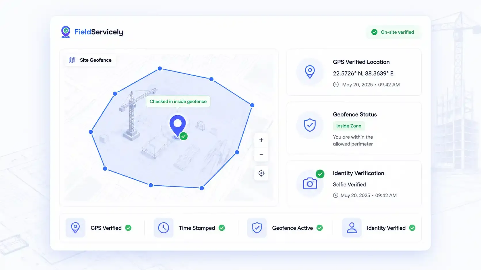 GPS geofencing dashboard with verified site check-in