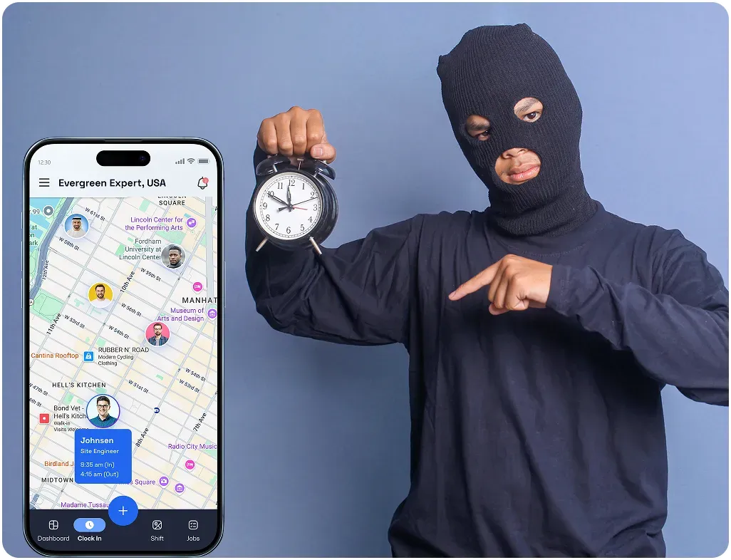 GPS time clock with geofencing map to prevent time theft and buddy punching app.