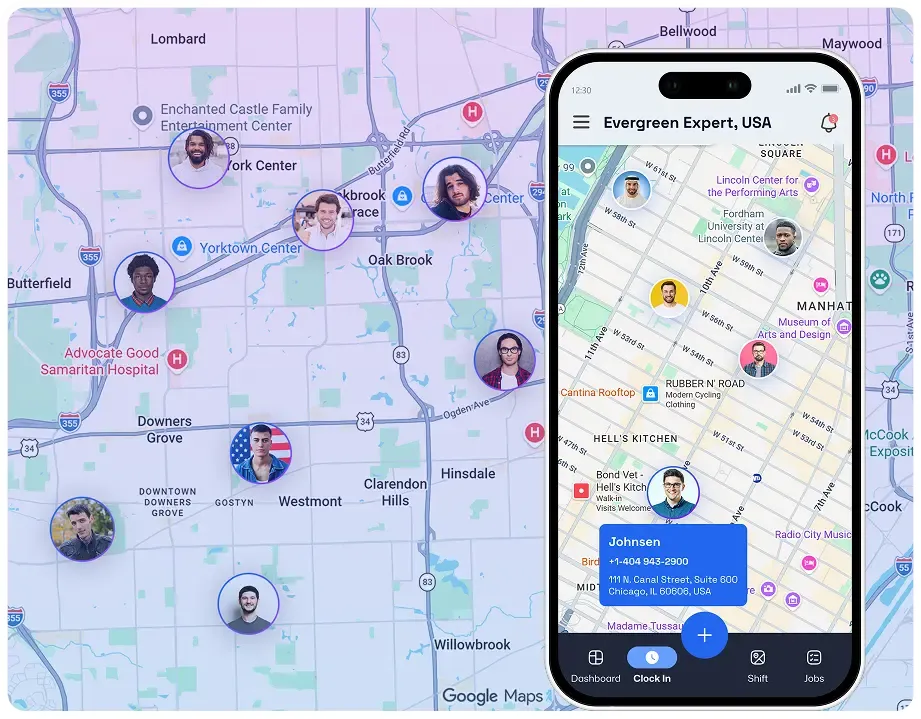 Employee GPS tracking map with worker locations and mobile workforce app view