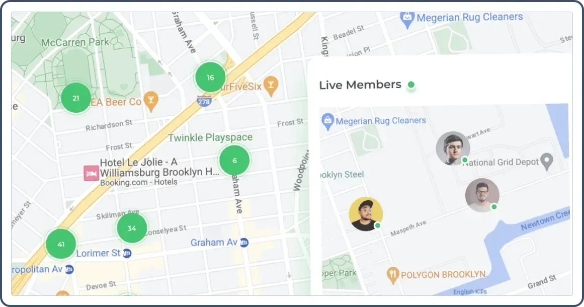 Map showing the number of employees, and which plumbers are working in which place.