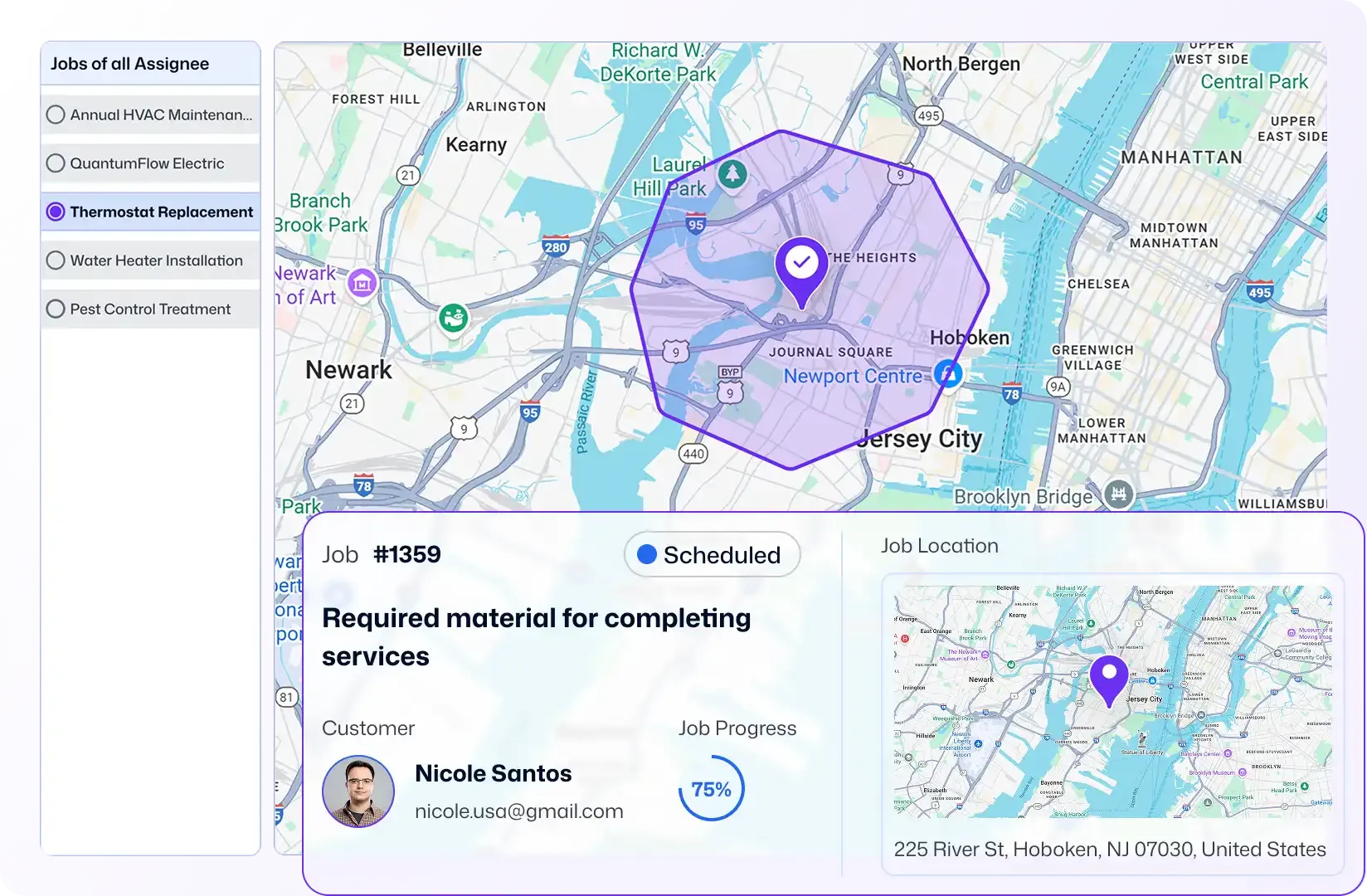 GPS time clock app showing job map, geofence, scheduled job #1359 at Hoboken NJ.