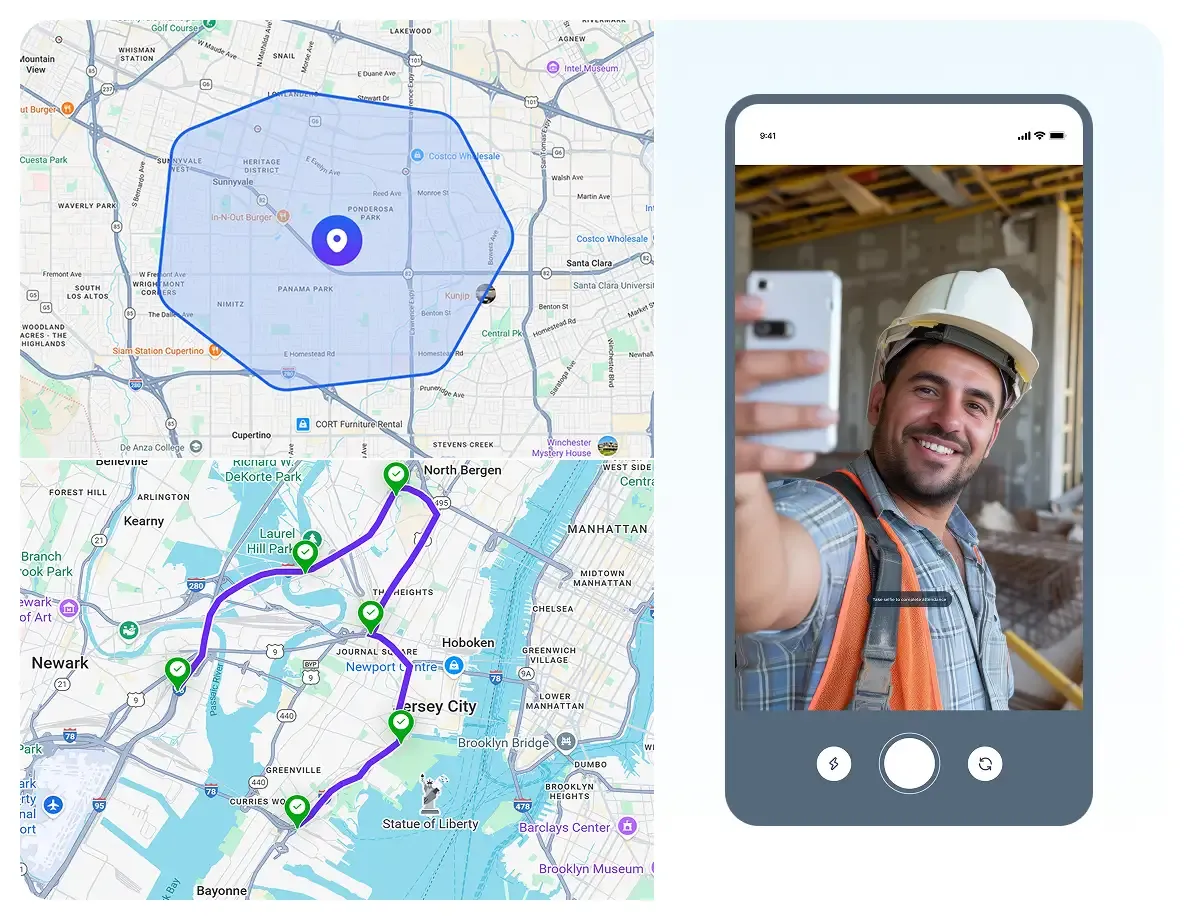 GPS time clock with geofencing, route tracking, and photo proof of work