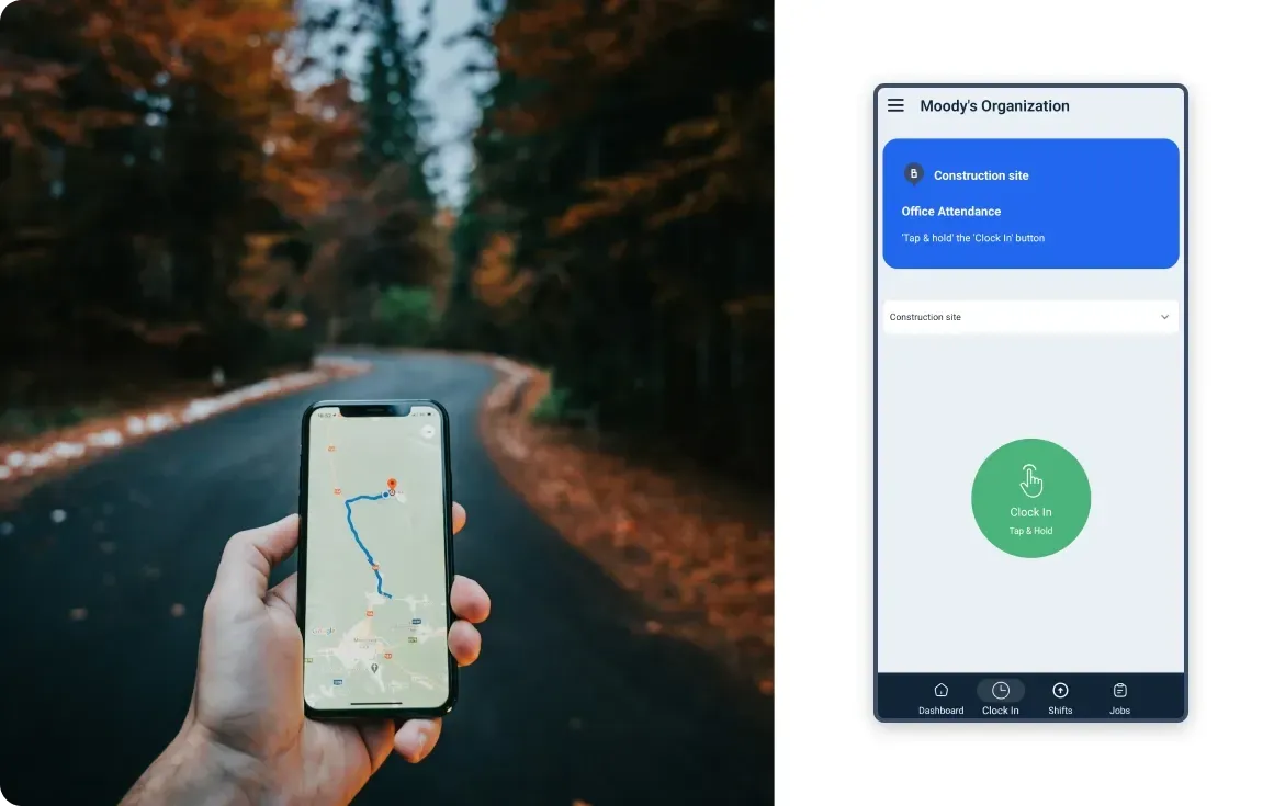Holding mobile phone on the road and clocking in to a job site