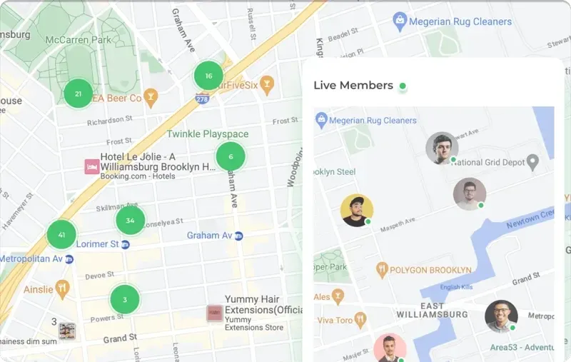 Members' location being shown on maps, with number of employees in an area