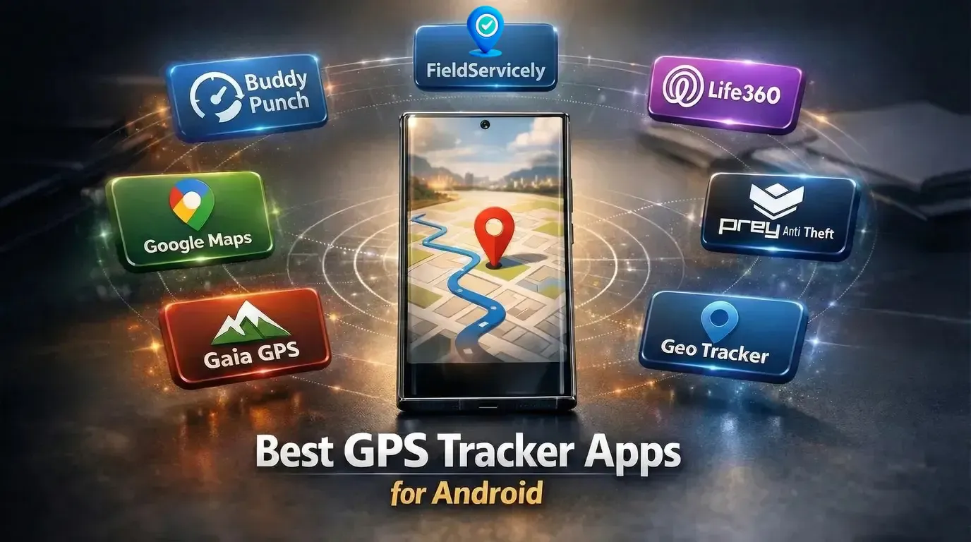 Best GPS tracker apps for Android with app logos around phone map pin on screen.