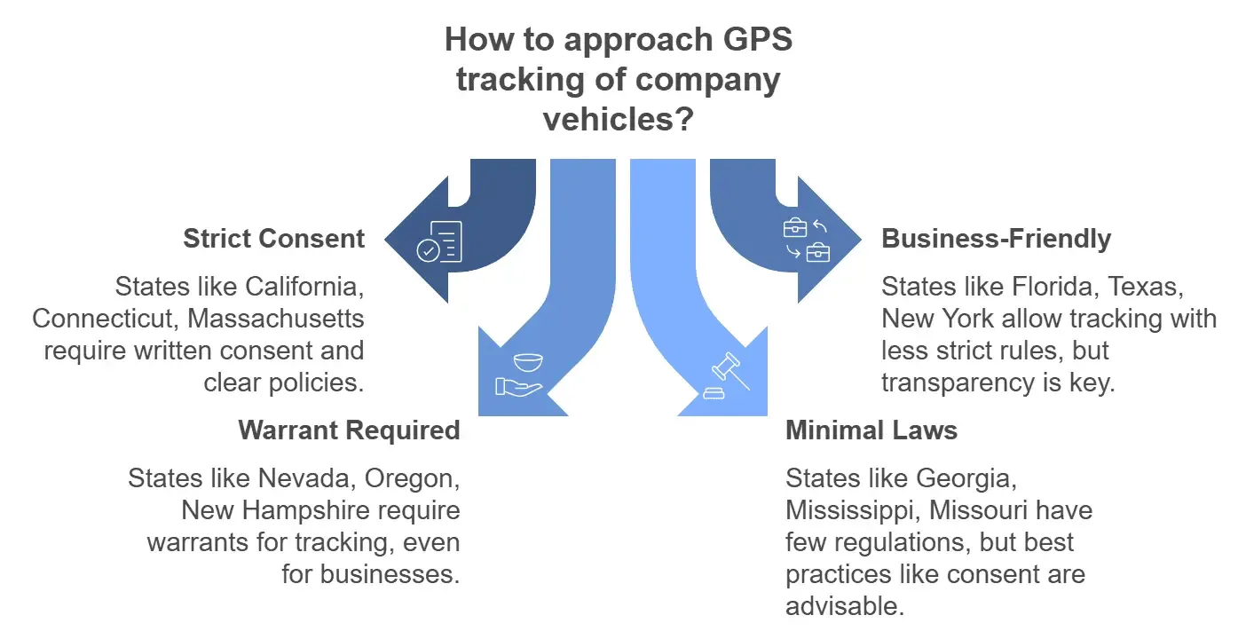 Chart outlining GPS tracking laws by state categories: strict consent, warrant required, and minimal laws.