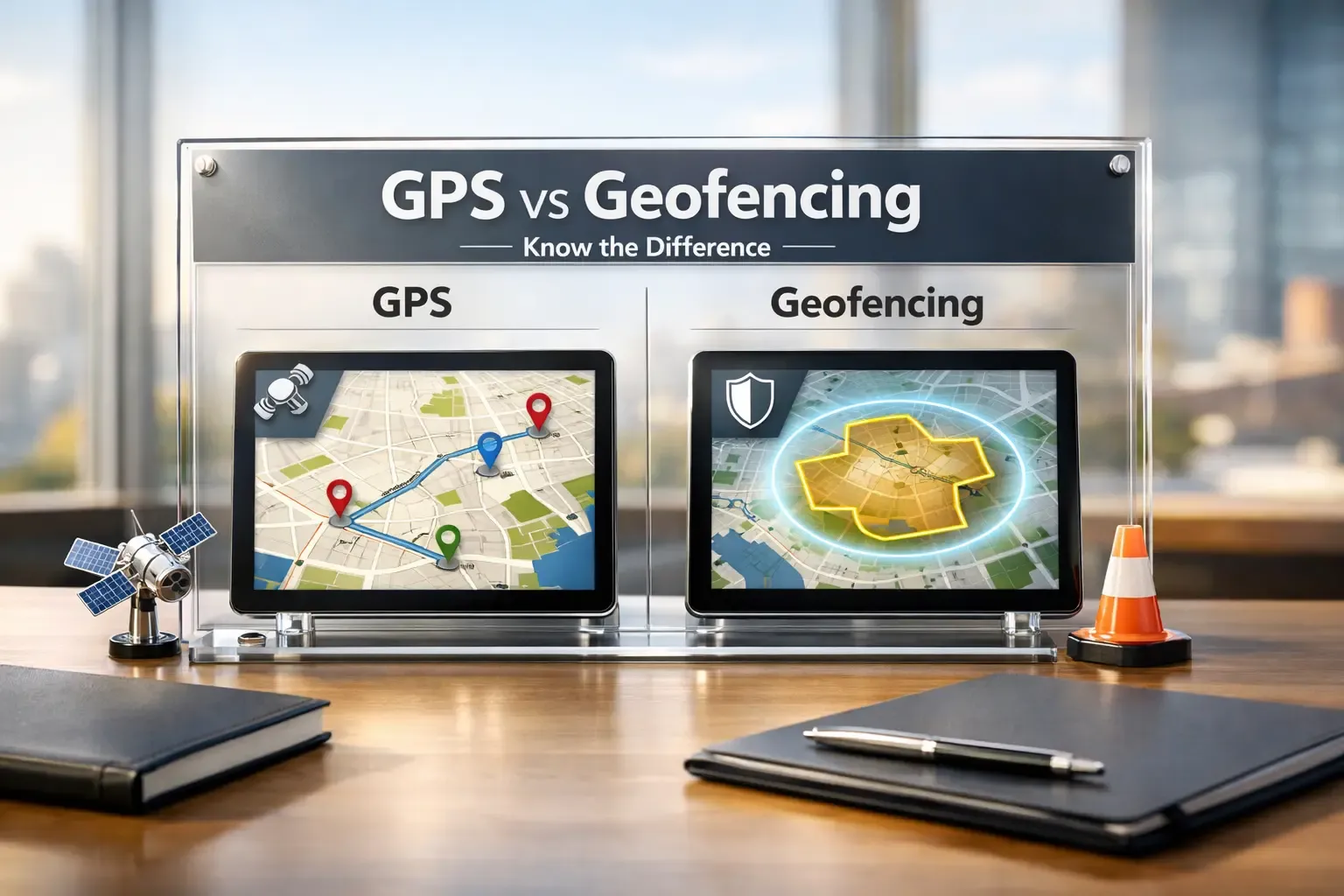 GPS vs geofencing comparison board showing route tracking and geo zone map