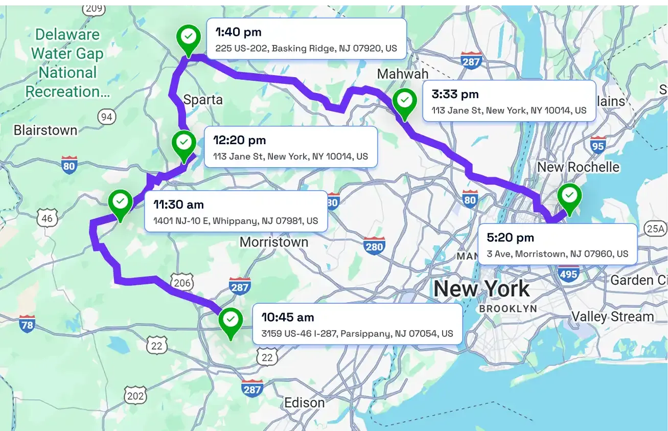 GPS time tracking route map with timestamped stops across New Jersey and New York