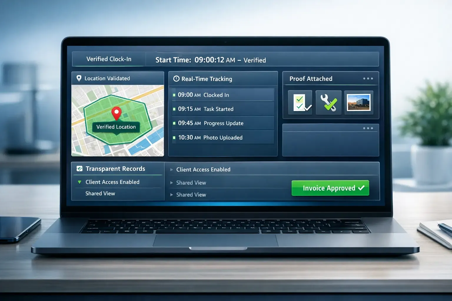 Laptop displaying GPS-verified time tracking dashboard with approval status
