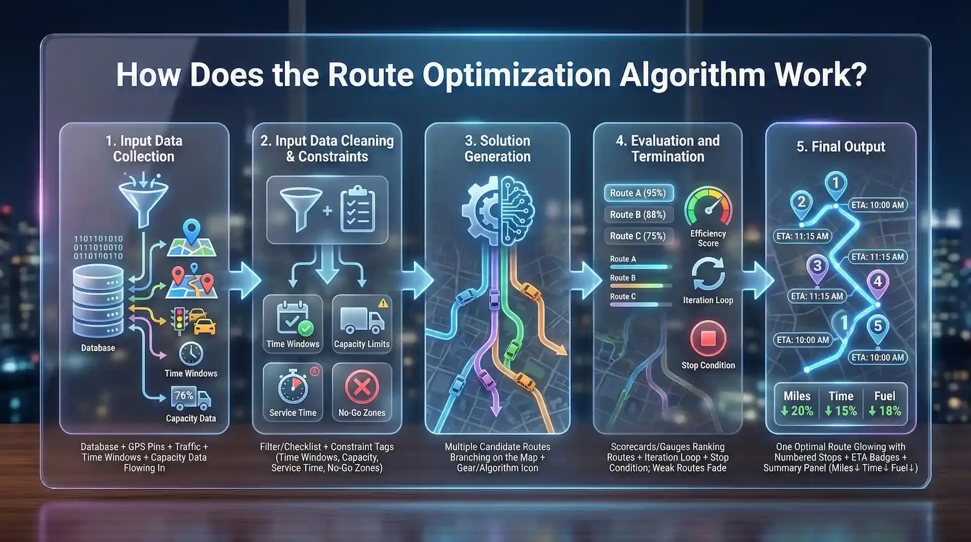 Infographic showing five-step route optimization algorithm workflow and output