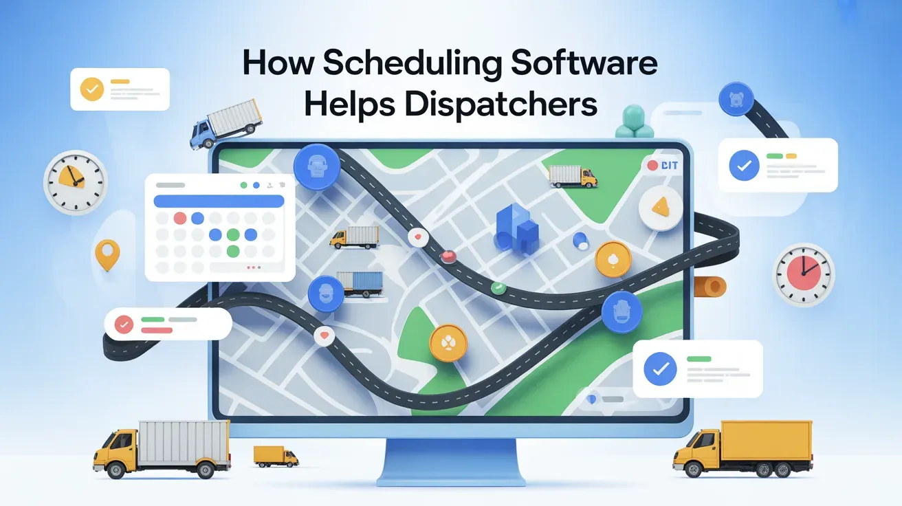 Dispatch scheduling software map with trucks and tasks