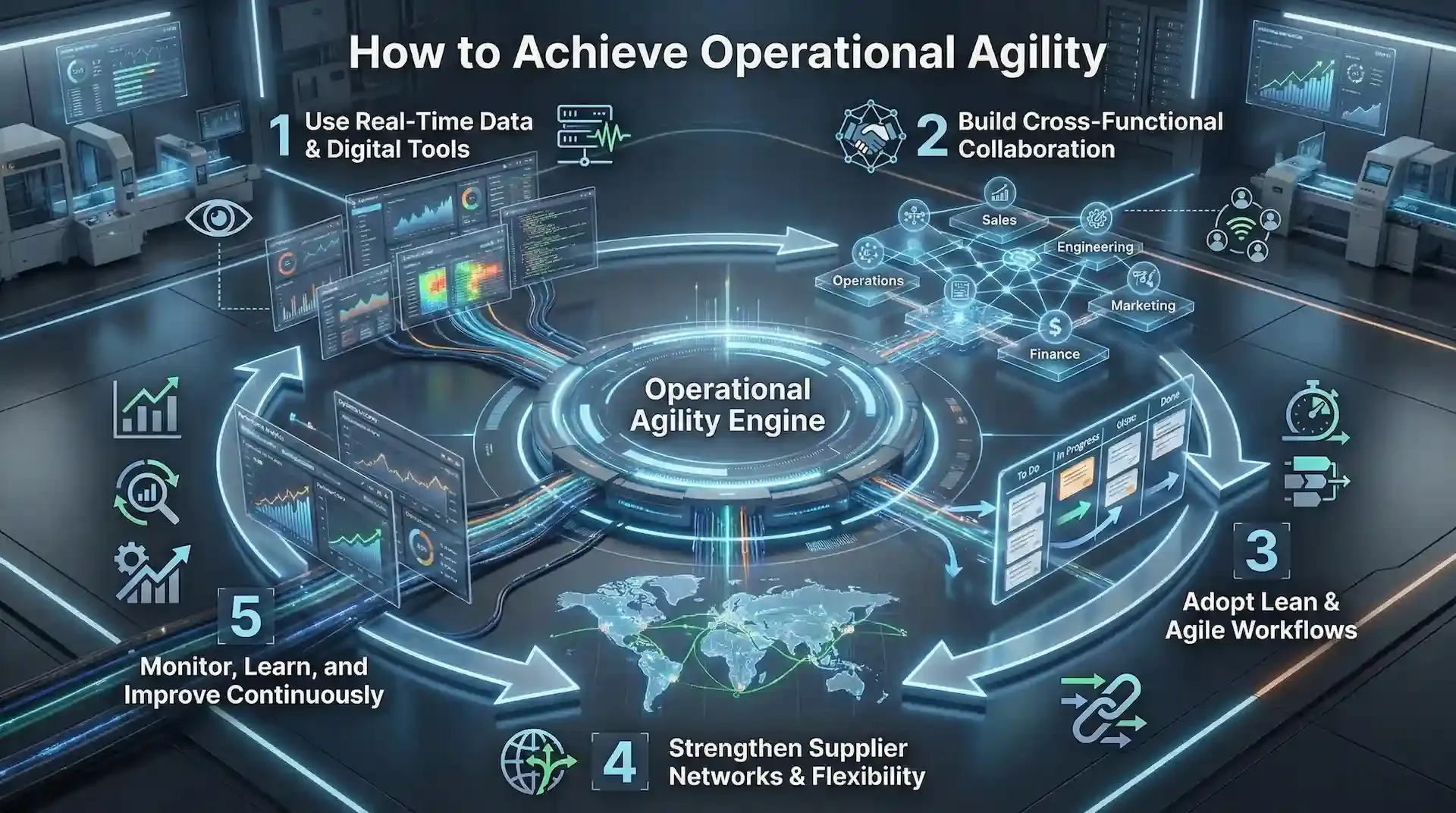 Operational agility infographic showing engine, data tools, teams, workflows