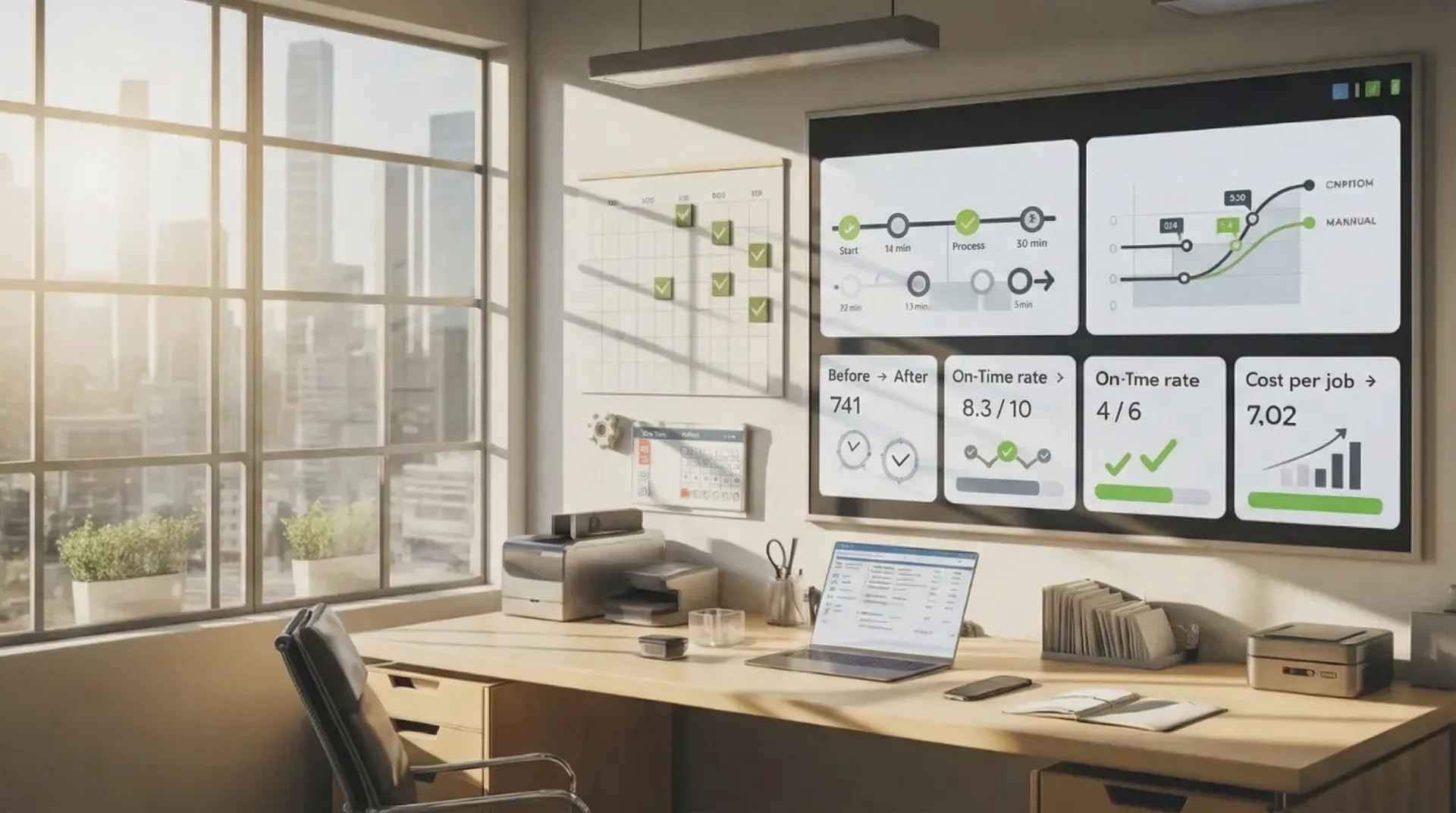 Office dashboard showing on-time rate, costs, and process metrics