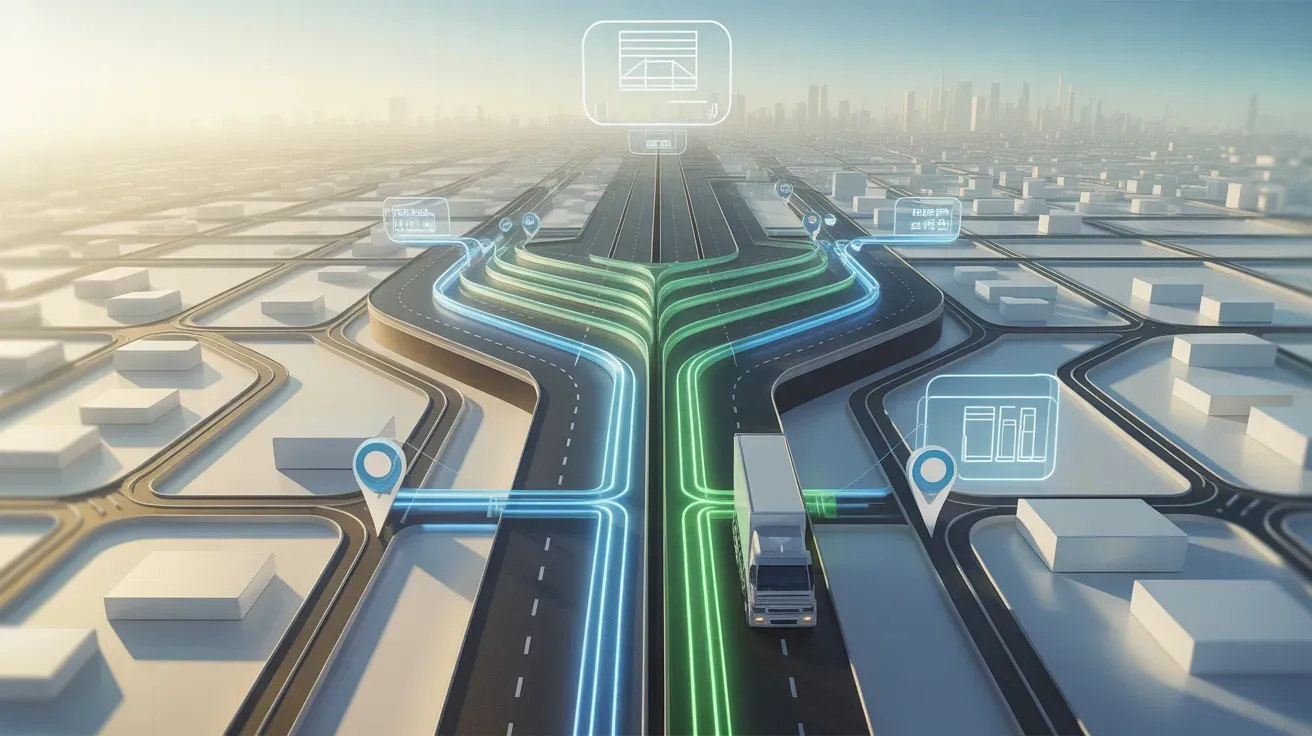 Smart routing scene with truck, glowing route lines, and map location pins