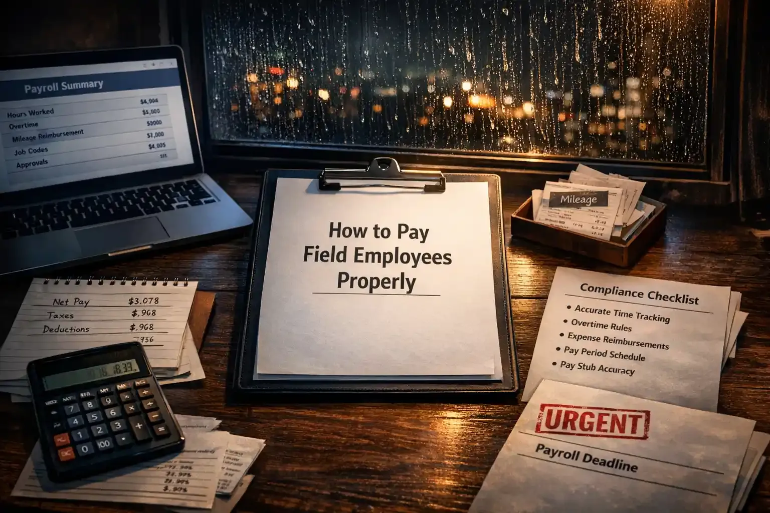 Desk scene with clipboard 'How to Pay Field Employees Properly' and payroll docs.