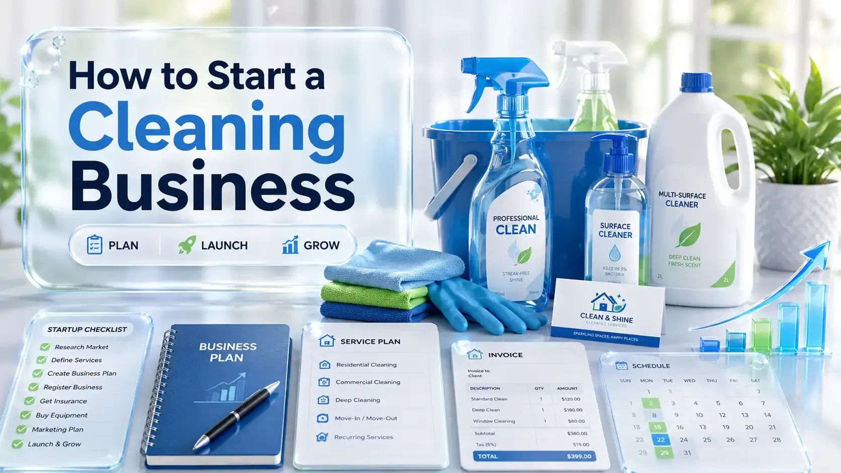 Cleaning business startup graphic with supplies and plan