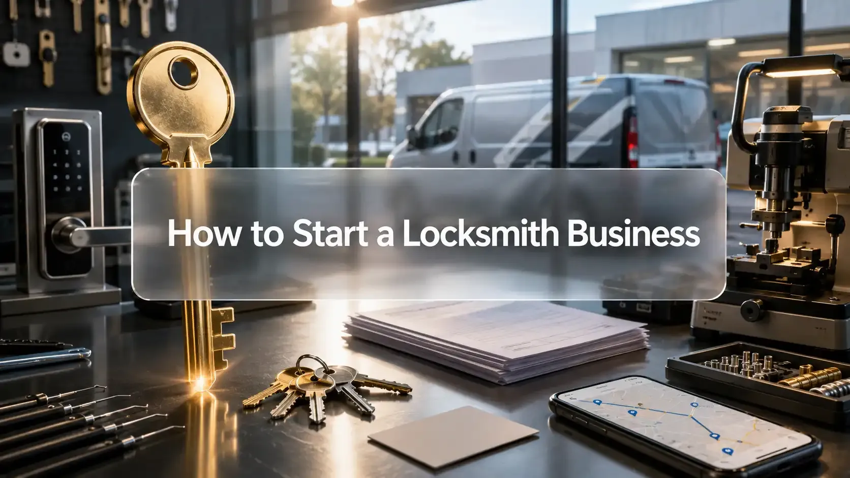How to start a locksmith business feature image with tools and van