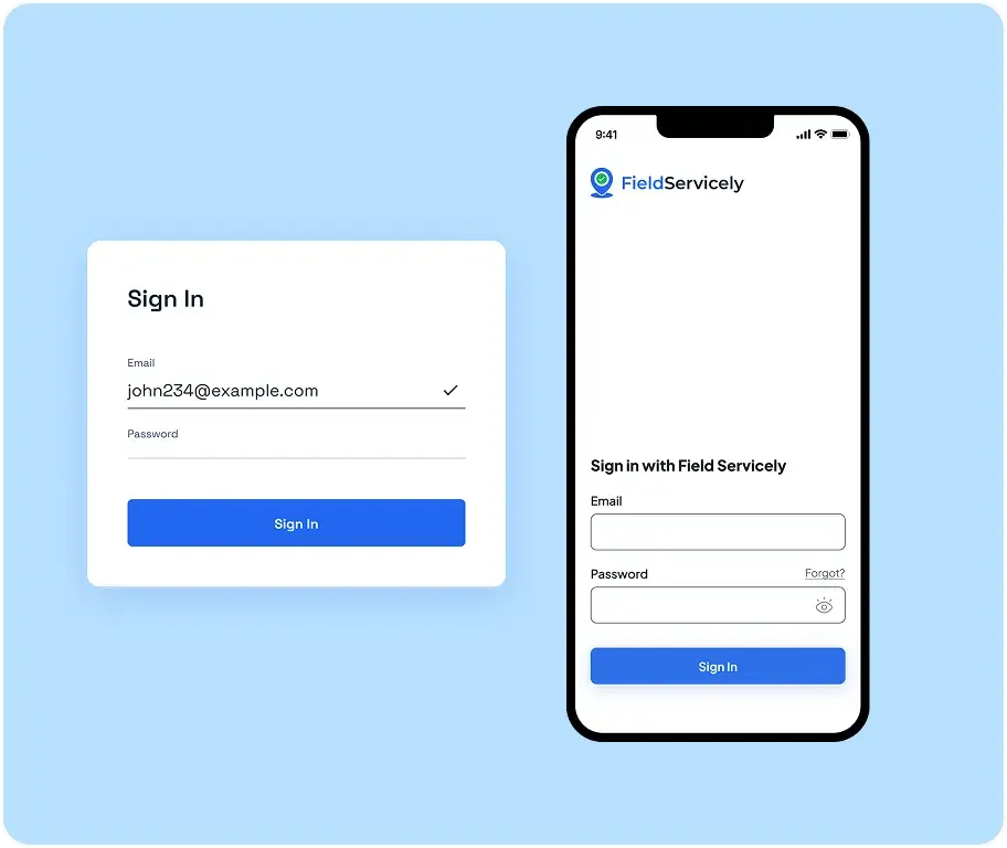 GPS time clock sign-in UI on desktop and mobile for FieldServicely app, securely