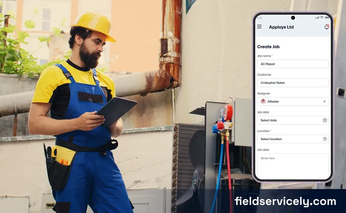 HVAC technicians looking at an AC and mobile app on the right