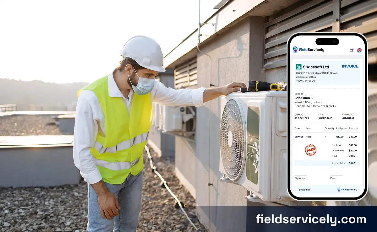 HVAC tech looking at an AC and mobile app for invoicing showing on the right