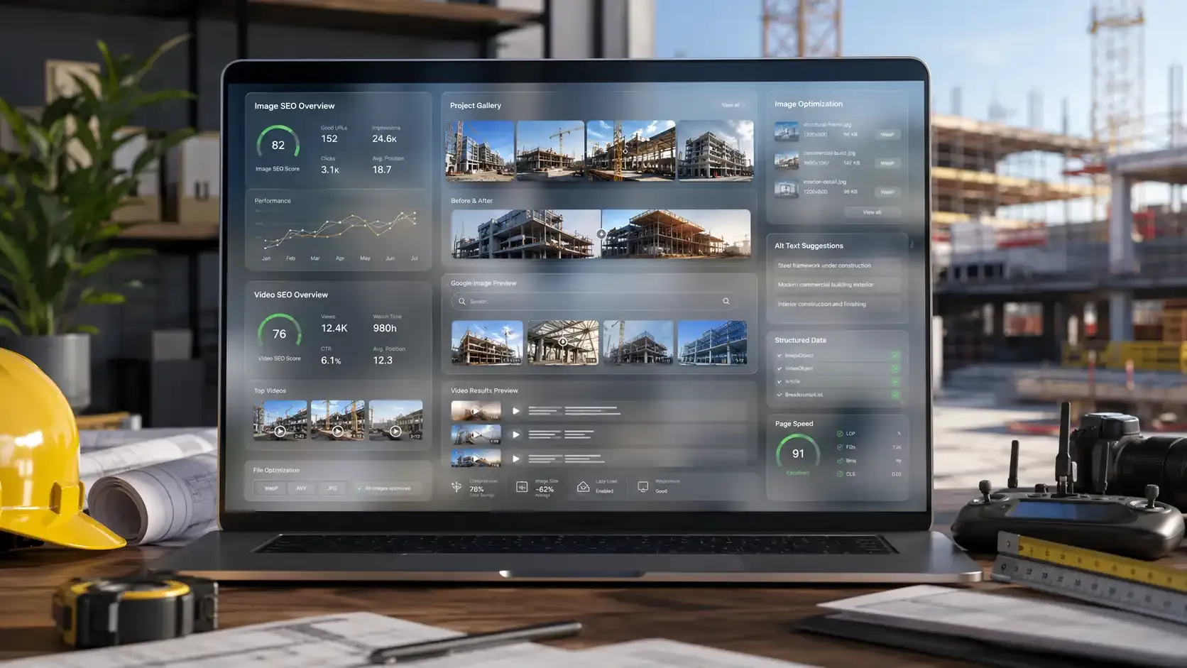 Construction image SEO dashboard with visual metrics