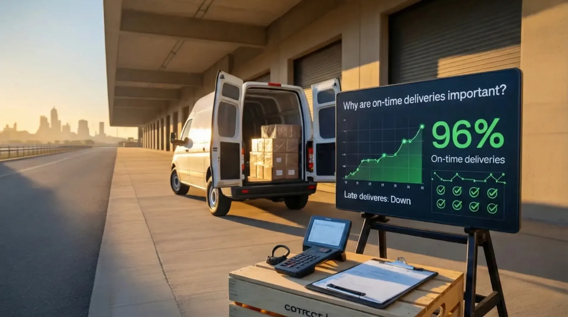 Delivery van at loading dock with on-time delivery stats shown on screen