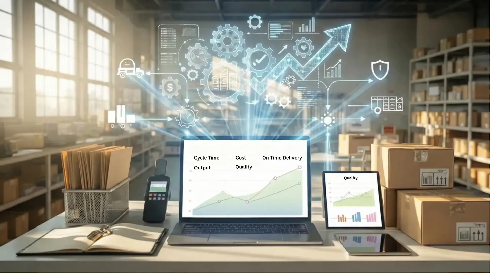 Warehouse desk with laptop metrics and glowing efficiency icons and charts