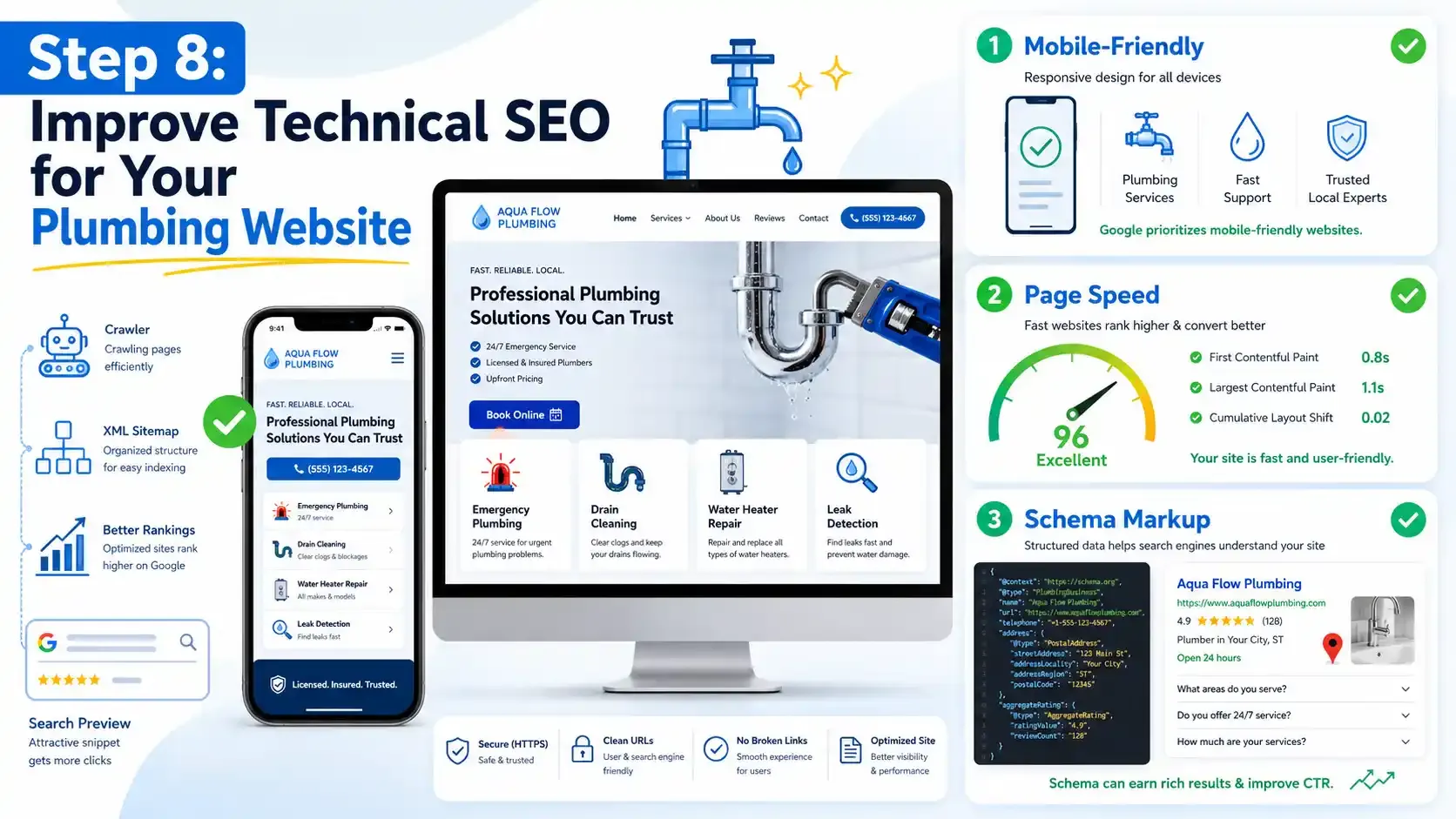 Technical SEO dashboard for plumbing website performance