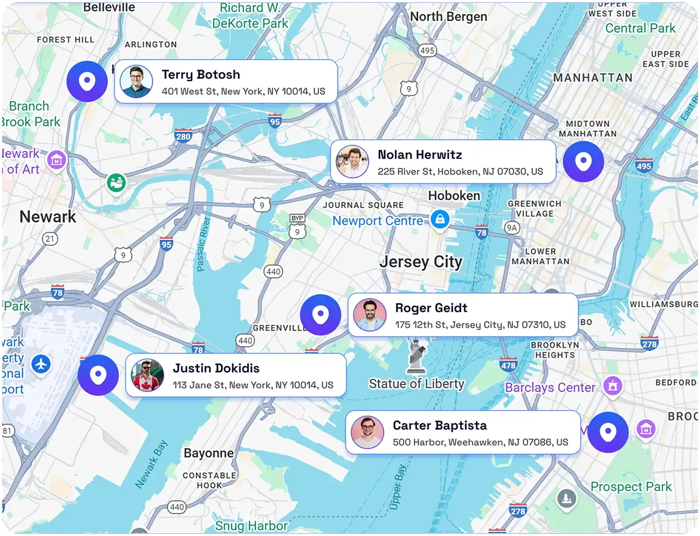 GPS time clock map showing live employee locations around NYC and Jersey City